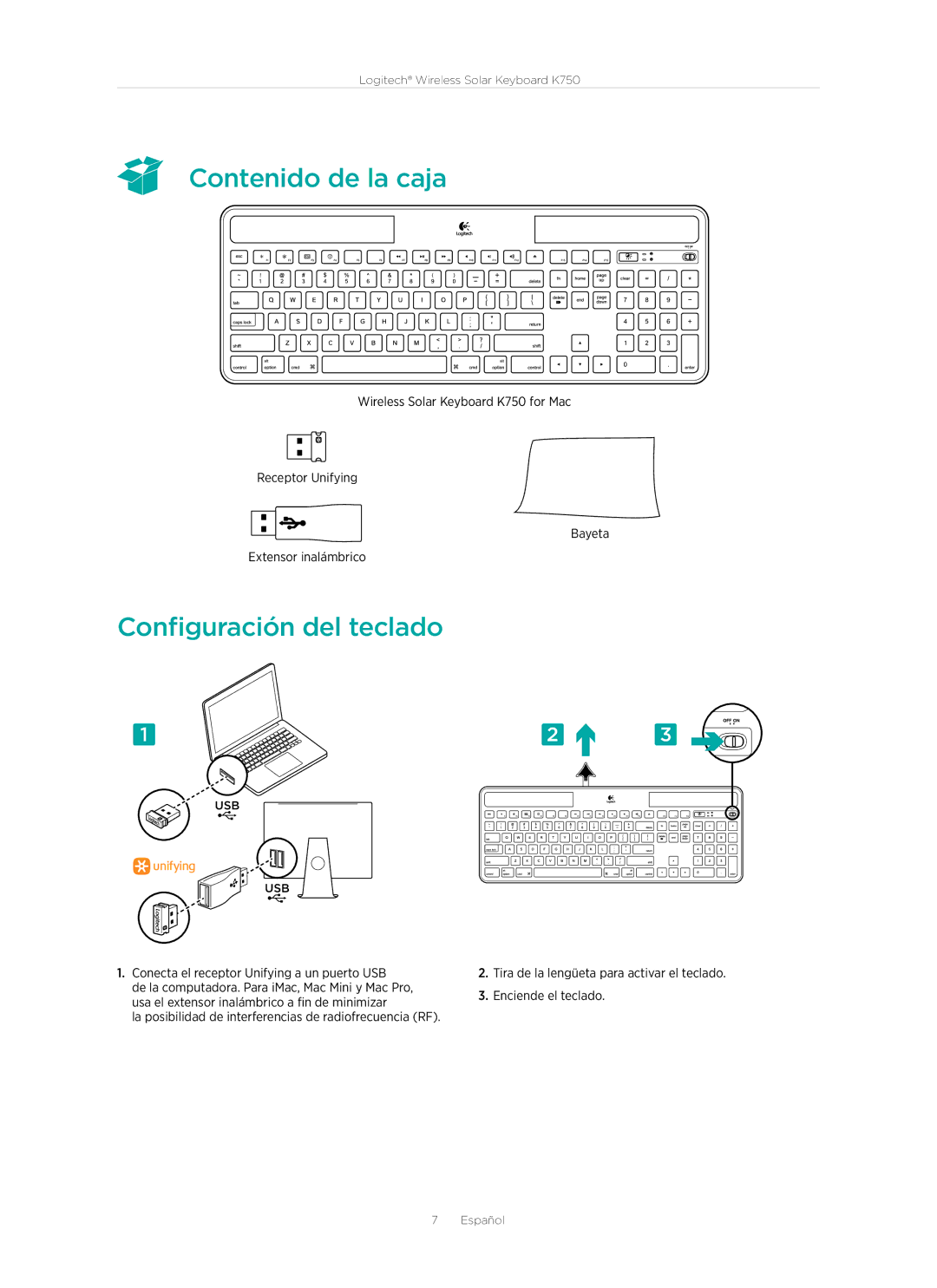 Logitech 920-002912 manual  Contenido de la caja, Configuración del teclado 